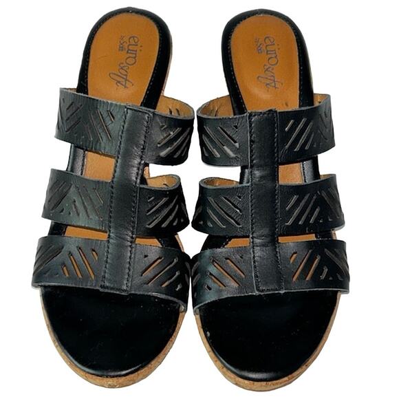 Eurosoft by Sofft Size 9M Black Leather Upper Cork Bottom Square 3" Heel Pumps - Picture 2 of 7